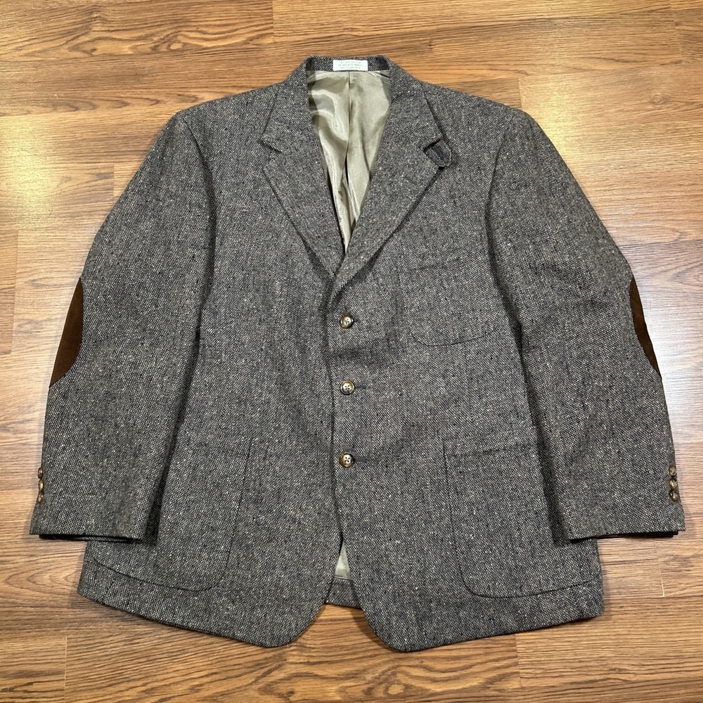 Vtg Orvis Harris Tweed Worsted Wool Blazer Men's 46R Herringbone Suede Elbows